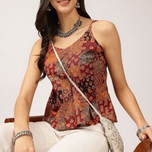 Maroon Multi-Coloured Peplum Crop Top – Scoop Neck, Sleeveless, 100% Cotton